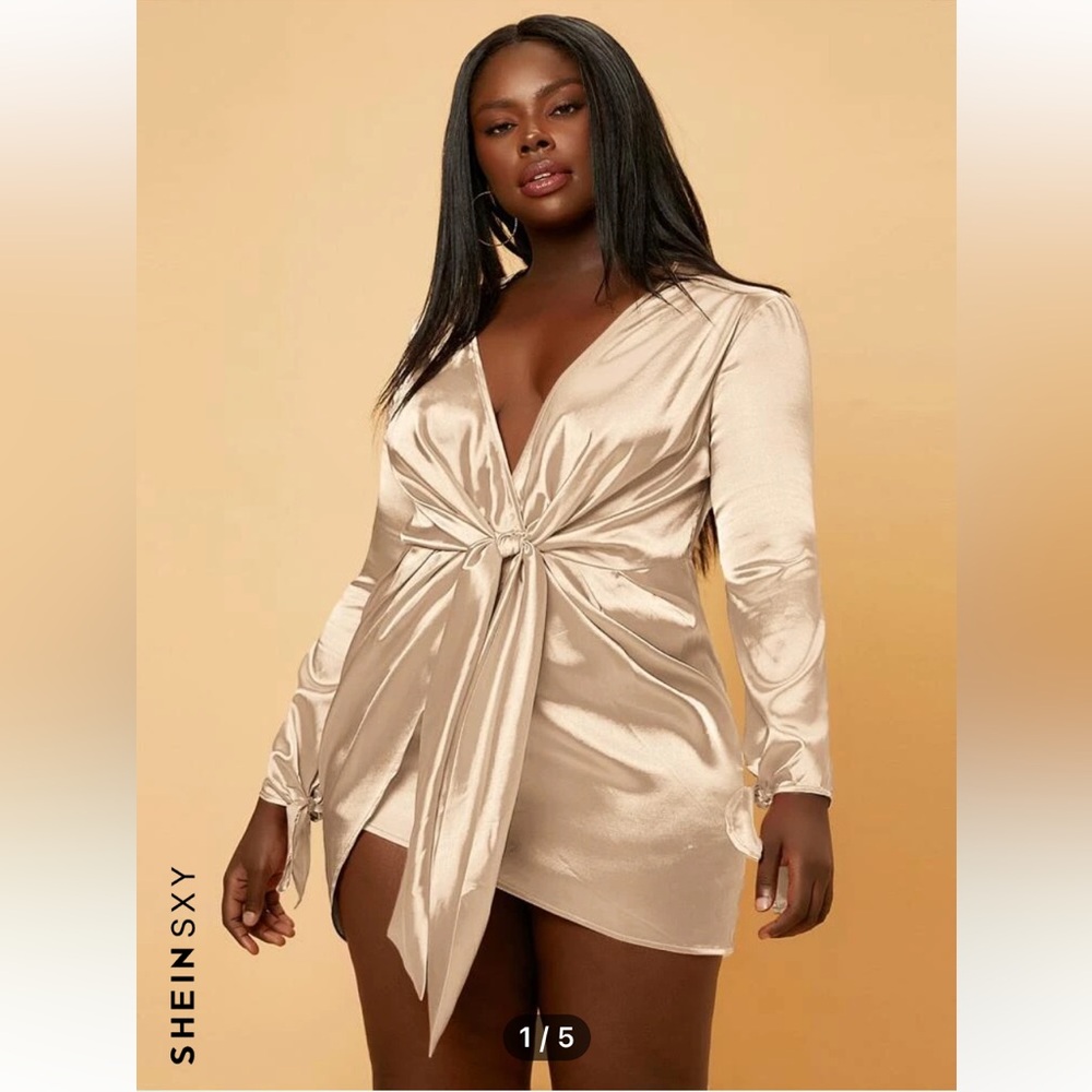 SHEIN SXY Plus Deep V Neck Knot Front Satin Dress